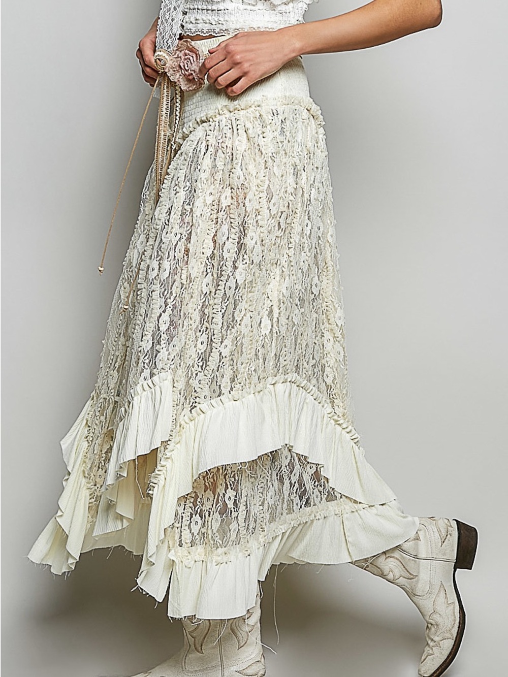 Ivory Asymmetrical Lace Maxi Skirt with Ruffled Hem - Picture 3 of 6